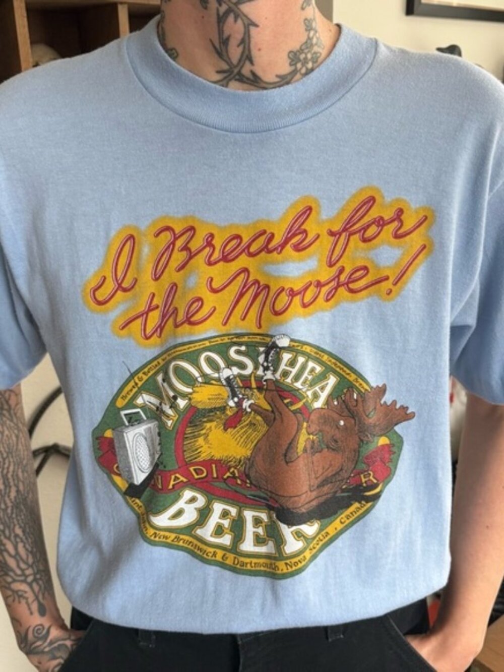 Vintage 80s Breakdancing Moose Graphic Tee Moosehead Beer ~ Size Small
